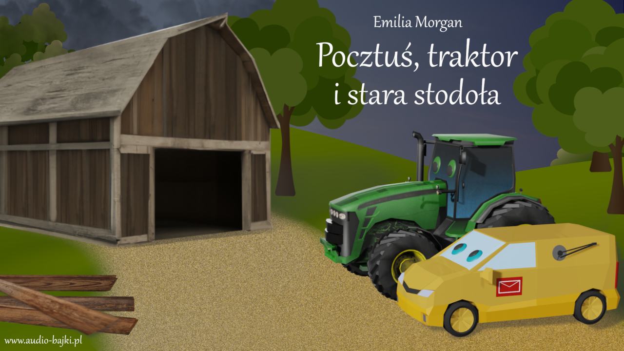 Pocztuś, traktor i stara stodoła, ilustracja